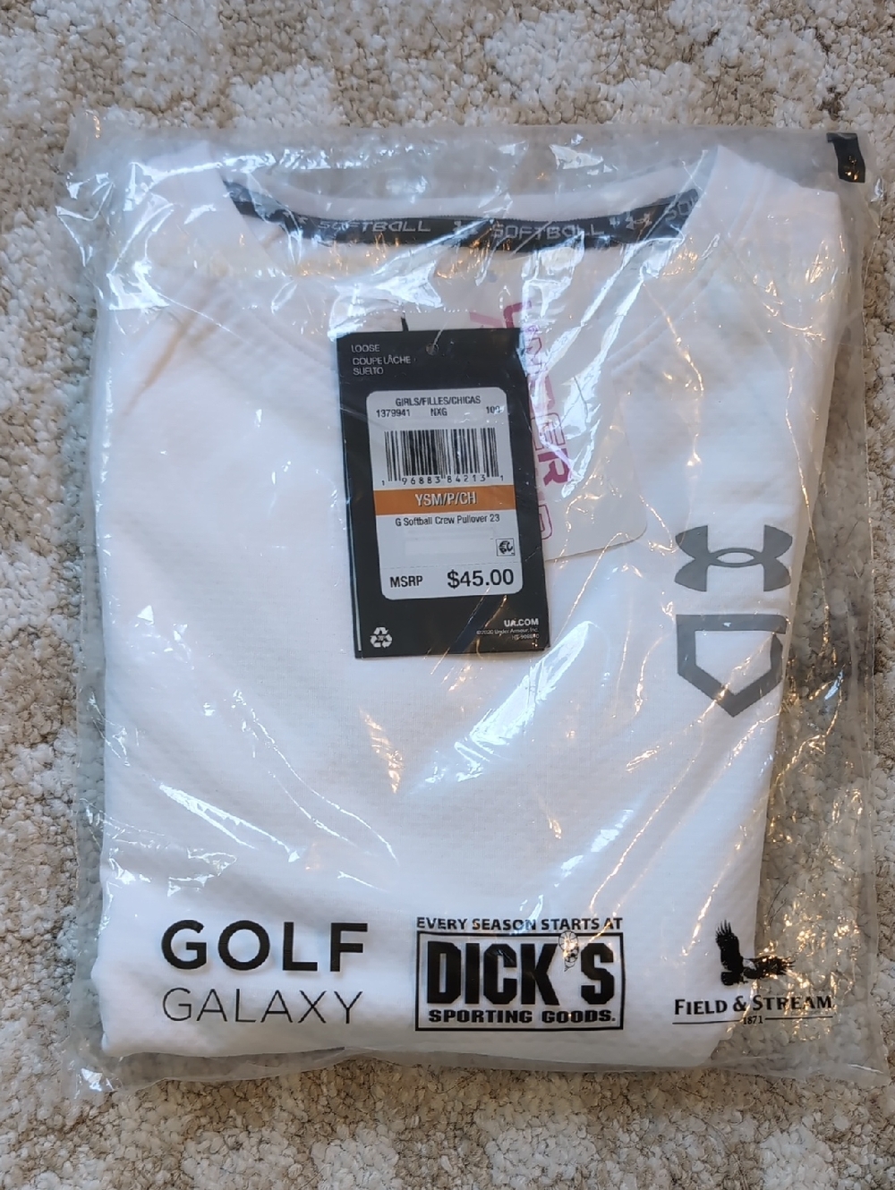Girls White Under Armour Softball Crew Pullover - Size Small - BRAND NEW